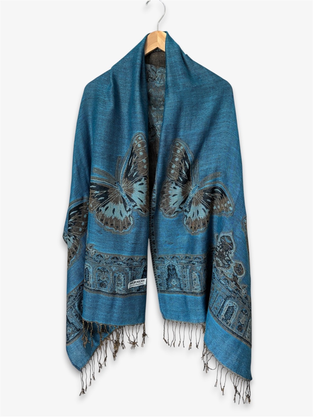 Butterfly Pashmina Shawl Scarf Reversible Turquoise Blue Boho Festival Rave